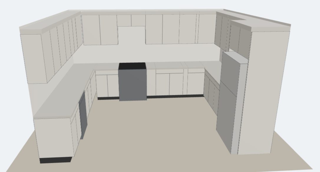 U-shaped kitchen in white, 3D view from the Lista Kitchens system