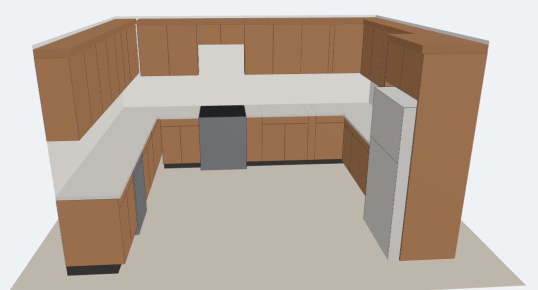 U-shaped kitchen in Red oak, 3D view